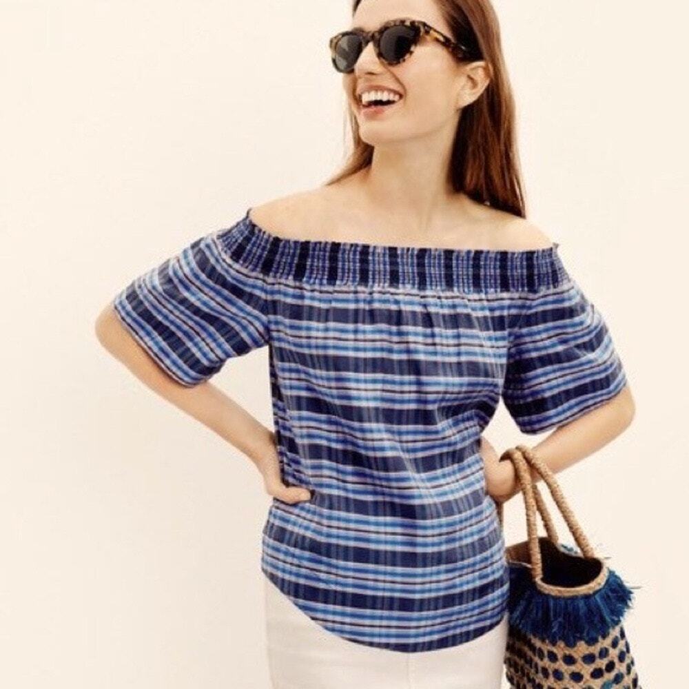 Chic J. Crew Collection Black and Blue Plaid 100% Silk Off the Shoulder Blouse
